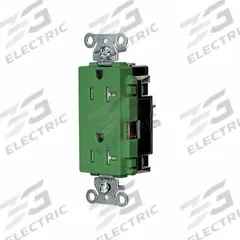 HUBBELL Receptacle: Decorator Duplex, 5-20, Green, 125V AC, 20 A, 2 Pole / 3 Wire (MPN HBL2162STGNTR)