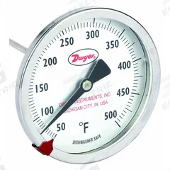 DWYER Clip On Dial Thermometer: 50°F to 500°F, +/- 2% Accuracy, 8 in Stem Lg, Fahrenheit (MPN CBT178071). Key specifications — Accuracy: +/- 2%; Brand: DWYER; Temperature Units: Fahrenheit.
