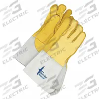 BDG Leather Gloves: XL ( 10 ), Cowhide, Premium, Glove, Full Finger, Gauntlet Cuff, Unlined, 1 PR (MPN 64-1-1065C-115). Key specifications — Brand: BDG; Glove Back Color: Yellow; Glove Back Material: Deerskin; Glove Liner Material: Unlined; Oil Resistant: No; Reflective Backing: No; Includes Double Palm: No; Palm Color: Yellow.