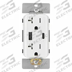 USB Receptacle: Decorator Duplex, 5-20R, USB Type A/C, White, 125V AC, 20 A (MPN T5834-W). Key specifications — Brand: LEVITON.