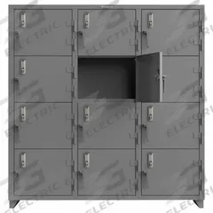 STRONG HOLD Locker: 72 in x 24 in x 75 in, 4 Tiers, 3 Units Wide, 12 Lockers, 24 in x 18 in, Steel (MPN 66-12D-24-4T-EK-L). Key specifications — Mounting Style: Surface; Brand: STRONG HOLD; Handle Type: Swing; Locker Color: Gray; Mounting Location: Freestanding; Locker Material: Steel; Frame Assembled: Assembled; Lock Type: Electronic Keypad.