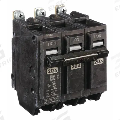 GE Miniature Circuit Breaker: THHQB, 20 A, 120/240V AC, Three Phase, 22kA at 120/240V AC - THQB & THHQB Series, Bolt-On GE Miniature Circuit Breakers