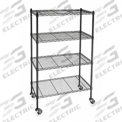 APPROVED VENDOR Wire Shelving Unit: 36 in x 18 in x 68 in, Dry, Split Sleeve, 4 Shelves, Black (MPN 3TPD3). Key specifications — attr15738: Black; attr14157: Powder Coated; attr14150: Dry; attr14159: Round; attr5304: 4; attr14155: (2) Swivel with Brakes; attr14158: Steel; attr14156: Polymer.