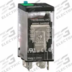SCHNEIDER General Purpose Relay: Socket Mounted, 15 A Current Rating, 24V DC, DPDT, 8 Pins/Terminals (MPN 782XBXM4L-24D). Key specifications — Brand: SCHNEIDER; Base Type: Square; Mounting Style: Socket; Electrical Connection: Faston Terminal; Manufacturer Part Number: 782XBXM4L-24D; Operating Current: 15 A at 28V (NO); Series: 782 Series.