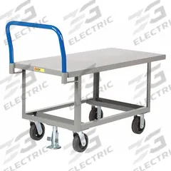 LITTLE GIANT Platform Truck: 2,000 lb, 60 in L x 24 in W x 26 in H Deck, Solid, 12 ga Deck, Rubber (MPN RNB-2460-6MR-FL). Key specifications — Side Panel Type: No Side Panels; Brand: LITTLE GIANT; Color: Blue; Caster/Wheel Configuration: (1) Floor Lock.