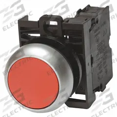 EATON Illuminated Push Button: Illuminated, Flush Profile, Non-Metallic, 22 mm, 1NC (MPN M22-DL-R-K01-230R). Key specifications — Brand: EATON; Action: Momentary; Series: M22; Push Button Material Type: Non-Metallic.