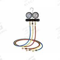 PRO-SET Manifold Gauge Set: 2 Valves, 3 Hoses, 3 1/2 in Gauge, For R-134A/R-22/R-404A/R-410A (MPN MT2H7P5E). Key specifications — Hose Connection Type: SAE; Product Type: Manifold Gauge Set; For Refrigerant Type: R-404A; Brand: PRO-SET; Gauge Boots: Yes; Sight Glass: No.