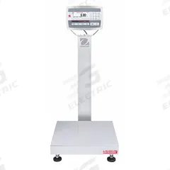 OHAUS Industrial Bench Scale: 12 in x 12 in, IP67, Column-Mounted, Defender 5000, Stainless Steel (MPN 30461677). Key specifications — Connection Ports: Bluetooth; Readability: 0.002 lb/1 g; Brand: OHAUS; Weighing Surface Material: Stainless Steel.