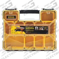 STANLEY Compartment Box: 17 3/8 in x 14 1/2 in x 4 1/2 in, Clear/Black/Yellow, 1 Compartments (MPN FMST14820). Key specifications — ESD Conductive: Not Electrostatic Discharge Conductive; Color: Clear/Black/Yellow; Brand: STANLEY; Material: Plastic.