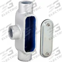 Conduit Outlet Body: Iron, 1 in Trade Size, T Body, 16.9 cu in Body Capacity, Threaded Hub (MPN T37CG-TB). Key specifications — Finish: Zinc Plated with Powder Coated; For Use With: IMC; Brand: THOMAS & BETTS; Hub Style: Threaded.