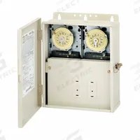 INTERMATIC Electromechanical Timer: 24 hr, 208-277V AC, DPST, Mechanical (MPN T10404R). Key specifications — Body Material: Metal; Indoor/Outdoor Usage: Indoor; Mounting Style: Surface; Brand: INTERMATIC.