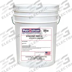 PETROCHEM Compressor Oil: 5 gal, Pail, 10 SAE Grade, 32 ISO Viscosity Grade, 126 Viscosity Index (MPN SYNCOMP PAO-32-005). Key specifications — attr59744: 126; attr59746: 32; attr59736: No; attr59735: Pail; attr59738: Syncomp PAO-32; attr59749: 10.