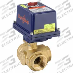 DYNAQUIP CONTROLS Electrically Actuated Three-Way Ball Valve: 1 1/4 in, Brass, 12V DC/24V AC/DC (MPN EYHG6AUE25H). Key specifications — Included Mounting: ISO 5211 Actuator Mounting Pad; Brand: DYNAQUIP CONTROLS; Actuator Features: Thermal Overload Protection.
