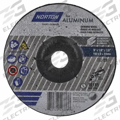 NORTON Depressed Center Wheel: Type 27, 6" x 1/4" x 7/8", Aluminum Oxide - General Purpose Grinding Wheels for Soft Metals