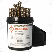 CLE-LINE Jobber Length Drill Bit Set: 29 Pc, 1/16" to 1/2" by 64ths, 135° Split Point, Fast Spiral (MPN C18623). Key specifications — attr1236168: Round Plastic Index.