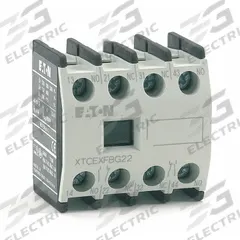 EATON Auxiliary Contact: 2NO/2NC, 16 A Max Current (AC), Front Mount, Front-Mounted, XTCEXFBG22. Key specifications — Frame Size: G; Brand: EATON; Compatible with Series: XTRE Control Relays.