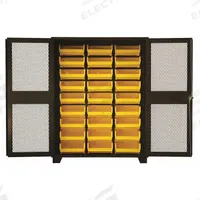 JAMCO Bin Cabinet: 60 in x 24 in 78 in, 0 Shelves, 27 Bins, Yellow, Ventilated, 14 ga Panel, Black (MPN DK260BL). Key specifications — Bin Color: Yellow; Bin HxWxD: (18) 7 in x 16-1/2 in x 14-3/4 in; Assembled: Assembled; Cabinet Style: Shelf and Bin; Brand: JAMCO; Cabinet Color: Black; Cabinet Finish: Powder Coated; Cabinet Material: Steel.