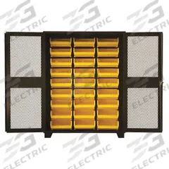 JAMCO Bin Cabinet: 60 in x 24 in 78 in, 0 Shelves, 27 Bins, Yellow, Ventilated, 14 ga Panel, Black (MPN DK260BL). Key specifications — Bin Color: Yellow; Bin HxWxD: (18) 7 in x 16-1/2 in x 14-3/4 in; Assembled: Assembled; Cabinet Style: Shelf and Bin; Brand: JAMCO; Cabinet Color: Black; Cabinet Finish: Powder Coated; Cabinet Material: Steel.