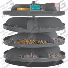 DURHAM MFG Revolving Storage Bin: 17 3/8 in x 17 in, 4 Levels, Flat Bottom, 4 Bins per Level (MPN 1104-95). Key specifications — attr37708: Hardware; attr37693: DURHAM MFG.