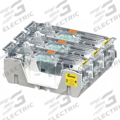 BUSSMANN Fuse Block: Open Block Design, 3 Pole, 250 V AC, Box Lug, Non-Indicating (MPN RM25200-3CR). Key specifications — Brand: BUSSMANN.