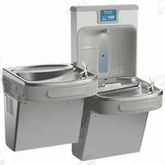 ELKAY Bi-Level Drinking Fountain with Bottle Filler: On-Wall, 8 gph @ 50°F, Stainless Steel, Gray (MPN LZSTL8WSSP-PF). Key specifications — Brand: ELKAY; Housing Material: Stainless Steel; Filter Access: Bottom Panel Access; Housing Finish: Stainless; Chilling Capacity: 8 gph @ 50°F; Housing Color: Gray.