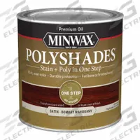 MINWAX Wood Stain: Wood Stain and Sealer, Interior, Oil, 0.5 pt Container Size, Wood, Satin, 1 Step (MPN 213804444). Key specifications — Brand: MINWAX; Transparency: Semi-Transparent; Use Location: Interior; Sheen: Satin; Sub-Brand: PolyShades; Color: Bombay Mahogany.