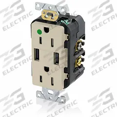 USB Receptacle: Duplex, 5-15R, 2 USB Ports, USB Type A, Ivory, 125V AC, 15 A (MPN T5632-HGI). Key specifications — Brand: LEVITON.