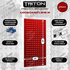 TRITON PRODUCTS Stationary Pegboard Panels: Square, 3/8 in Peg Hole Size, 36 in x 18 in x 9/16 in (MPN LB18-R). Key specifications — Material: Steel; Finish: Epoxy Coated; Peg Hole Shape: Square; Includes: Mounting Hardware; Color: Black; Brand: TRITON PRODUCTS.