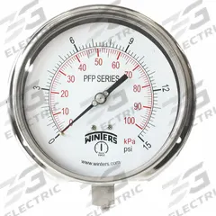 WINTERS Panel-Mount Pressure Gauge: Back Flange, 0 psi to 15 psi, 6 in Dial, 1/4 in NPT Male, Bottom (MPN PFP1059-DRY-6BF). Key specifications — Accuracy: ±1.0%; Brand: WINTERS; Vibration Resistance Properties: Field-Fillable; Gauge Wetted Parts: Stainless Steel.