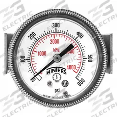 WINTERS Panel-Mount Pressure Gauge: U-Clamp, 0 psi to 600 psi, 2 in Dial, 1/8 in NPT Male, P9U 90, 5 (MPN P9U901446UC). Key specifications — Accuracy: ±2-1-2%; Brand: WINTERS; Vibration Resistance Properties: None; Gauge Wetted Parts: Brass / Bronze.