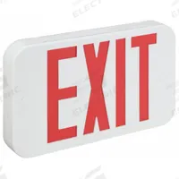 Exit Sign: Emergency Battery Backup, LED, White, Red, 1 or 2 Faces, Ceiling/Wall, Nickel Cadmium (MPN CER). Key specifications — Voltage: 120/277 V AC; Directional Indicators: Universal Field Selectable Chevrons; Text Color: Red; Brand: COMPASS; Emergency Battery Backup: Yes; Housing Color: White; Lighting Technology: LED; Remote Capable: No.