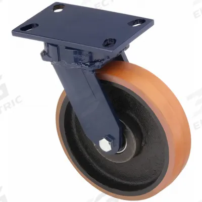 RWM Plate Caster: Swivel, Polyurethane, 8 in Wheel Dia, 2 in Wheel Wd, 10 1/8 in Mounting Ht - Heavy-Duty General-Purpose Kingpinless Plate Casters