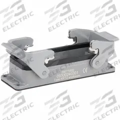 HARTING Rectangular Connector Housing: Size 24 B, Bulkhead Mount, Gray, Aluminum Die-Cast, IP65 (MPN 09300240301). Key specifications — IP Rating: IP65; Size Designation: 24 B; Seal Material: NBR; Locking Type: Dual Lever; Brand: HARTING; Primary Material: Aluminum; Operating Temperature Range: -40 to 125 Degrees C.