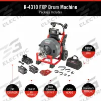 RIDGID Cordless Drain Cleaning Machine: Cordless, K-4310 FXP, FXP, For 3 in to 6 in Pipe, Auto (MPN 73073). Key specifications — attr517452: (2) Batteries; attr517439: K-4310 FXP; attr517433: Cordless.