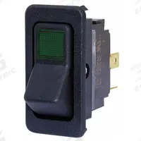 EATON Lighted Rocker Switch: 2 Positions, SPST, Off/Momentary On, Green (MPN 8005K35N313V32). Key specifications — DC Contact Rating: 15 A @ 28 V; Horsepower: 3/4 hp @ 250 V; Operator Illumination: Illuminated; Switch Color: Black; Terminal Connection Type: 1/4 in Spade; Includes Lamp Module: Lamp Module Included; Includes Lens: Lens Included; Series: 8005.