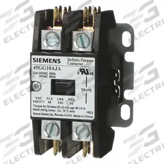 SIEMENS Definite Purpose Magnetic Contactor: 1 + N Poles, 24V AC, 40 A, Non-Reversing (MPN 45GG10AJA). Key specifications — Brand: SIEMENS; Coil Voltage: 24V AC; Contactor Style: HVACR Definite Purpose Contactor; Mounting Style: Surface; Terminal Connection Type: Screw Terminals; Maximum Voltage Rating: 600V AC; Series: 42 Series; Phase: Single.