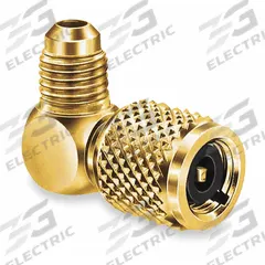 JB INDUSTRIES Quick Coupler: 3 in Lg, 90° Angle, Input 5/16 in Female SAE Right-Hand, A2L Compatible (MPN QC-E5). Key specifications — Product Type: Quick Coupler; Brand: JB INDUSTRIES; Manufacturer Part Number: QC-E5; Material: Brass.