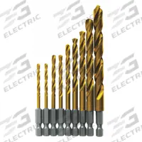 BOSCH Hex Shank Drill Set: 9 Pc, 1/16" to 3/8", 135° Point, TiN-Coated HSS (MPN TI9IM). Key specifications — attr1239143: Impact Rated.