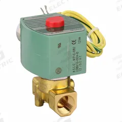 REDHAT Solenoid Valve: 2-Way, Normally Closed, 3/8 in Pipe Size, 12V DC, High Flow, Brass Body (MPN 8263H200LF 12/DC). Key specifications — Pipe Size: 3/8 in; Voltage: 12V DC; Brand: REDHAT.