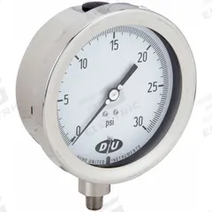 DURO Industrial Pressure Gauge: 0 psi to 30 psi, White, 4 1/2 in Dial, 1/4 in NPT Male, Bottom, 20 (MPN 4.2070313E7). Key specifications — Brand: DURO; Pointer Color: Black; Accuracy: ±0.5%; Dial Color: White; Gauge Wetted Parts: Stainless Steel; Case Material: Stainless Steel; Vibration Resistance Properties: None; Pressure Range: 0 psi to 30 psi.
