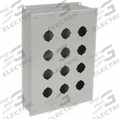WIEGMANN Push Button Enclosure: 30mm, 12 Holes, Carbon Steel, NEMA 4 (MPN PB12). Key specifications — attr211299: WIEGMANN; attr1043605: Washdown-Corrosion-Resistant.