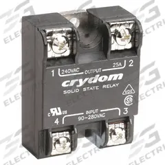 CRYDOM Solid State Relay: Surface Mounted, 25 A Max Output Current, SCR, AC Output (MPN A2425). Key specifications — Brand: CRYDOM; Current Type: AC; Electrical Connection: Screw Clamp; Finger Safe: No; Input Current: 10 mA; Maximum Output Current without Heat Sink: 11 A; Mounting Style: Panel; Output Voltage: 24 to 280V AC.