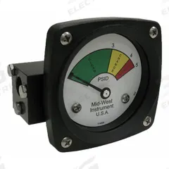 MIDWEST INSTRUMENT 3-Color Differential Pressure Indicator: 1,000 psig Max. Static Pressure, 522 (MPN 522A-005). Key specifications — Brand: MIDWEST INSTRUMENT; Accuracy: ±5% of Full Scale; Sensor Material: Buna-N; Housing Material: Aluminum; Transition Points: 0 psid to 3 psid (Green) / 3 psid to 4 psid (Yellow) / 4 psid to 5 psid (Red).
