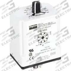 DAYTON Single Function Time Delay Relay: Socket Mounted, 12V DC, 10 A, 8 Pins/Terminals, Interval (MPN 24EN66). Key specifications — Brand: DAYTON.