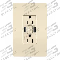 USB Receptacle: Duplex, 5-15R, 2 USB Ports, USB Type A, Light Almond, 125V AC, 15 A, GFCI (MPN 1597TRUSBAALA). Key specifications — Brand: LEGRAND.
