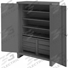 DURHAM MFG Pegboard Cabinet: 48 in x 24 in x 78 in, Swing Handle & Padlock Hasp, 12 ga Panel Thick (MPN HDCDP244878-4SS6B95). Key specifications — attr62698: Gray; attr62736: Welded; attr87895: Legs; attr62693: Assembled; attr62737: Stationary; attr62694: Adjustable; attr62695: Powder Coated; attr62696: Steel.