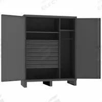 DURHAM MFG Storage Cabinet: 60 in x 24 in x 78 in, 5 Shelves, 7 Drawers, Swing Handle & Padlock Hasp (MPN HDWC246078-7M95). Key specifications — attr113683: (1) 18 in x 19-5/16 in; (4) 39-15/16 in x 20-7/8 in; attr113700: (4) Adjustable; (1) Fixed; attr113673: Legs; attr113674: Gray; attr113688: (7) 4 in x 35-1/4 in x 20-1/4 in; attr113685: Assembled.