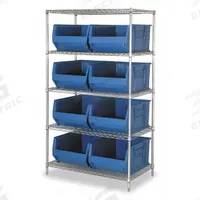QUANTUM STORAGE SYSTEMS Bin Shelving: 42 in x 30 in x 74 in, 1 Sided, 8 Bins, Open, Blue, 5 Shelves (MPN WR5-975BL). Key specifications — Includes Bins: Yes; Bin Material: Polypropylene; Frame Color: Silver; Bin HxWxD: (8) 12 in x 18-1/4 in x 29-7/8 in; Frame Material: Steel; Bin Color: Blue; Bin Style: Hang and Stack; Brand: QUANTUM STORAGE SYSTEMS.
