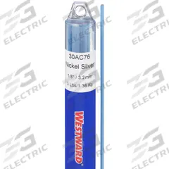 WESTWARD Brazing Alloy: Nickel Silver, 0%, RBCuZn-D, 1/8 in x 36 in, Flux-Coated, 22 PK (MPN 30AC76). Key specifications — Tensile Strength: 70 ksi; Yield Strength: Not Rated; Manufacturer Part Number: 30AC76; Brand: WESTWARD; pack-container: 22/pk.