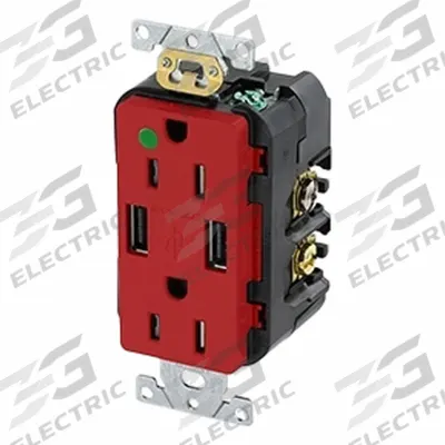 LEVITON Straight Blade Duplex Receptacle: Hospital Grade, Duplex, 5-15R, Red, 125V AC - General Purpose Receptacles